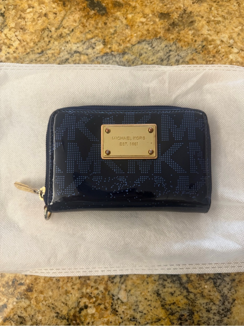 Michael Kors Navy Patent Zip Around Card Wallet with Gold Plaque